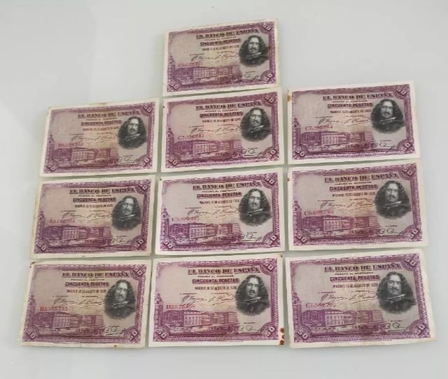 Lotto di 10 banconote da 50 pesetas 1928