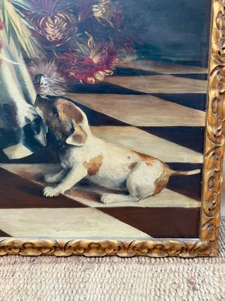 Cuadro floral con simpático perro