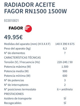 Calefacción Radiador con aceite Fagor