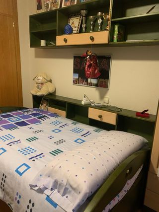 Cama nido y estanterias de madera