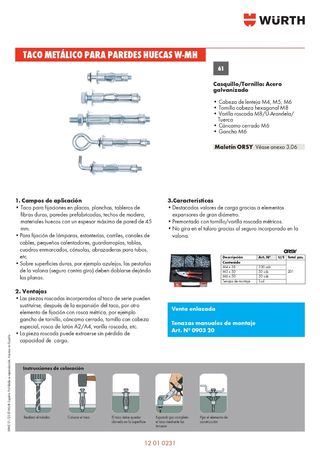 Taco metálico para pared hueca W-MH4 DE WURTH 