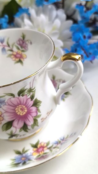 Preciosa taza de té y platillo porcelana