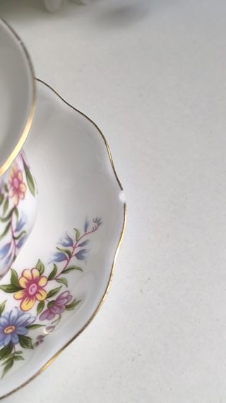 Preciosa taza de té y platillo porcelana