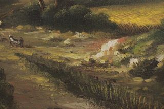 QUADRO PAESAGGIO IN CAMPAGNA CON FIRMA E CORNICE