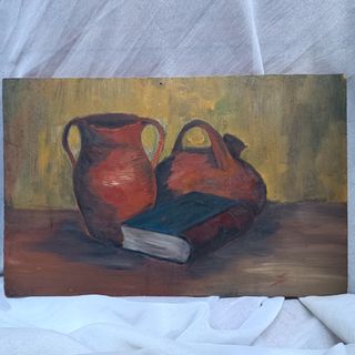 Cuadro oleo bodegón  vasijas barro libro