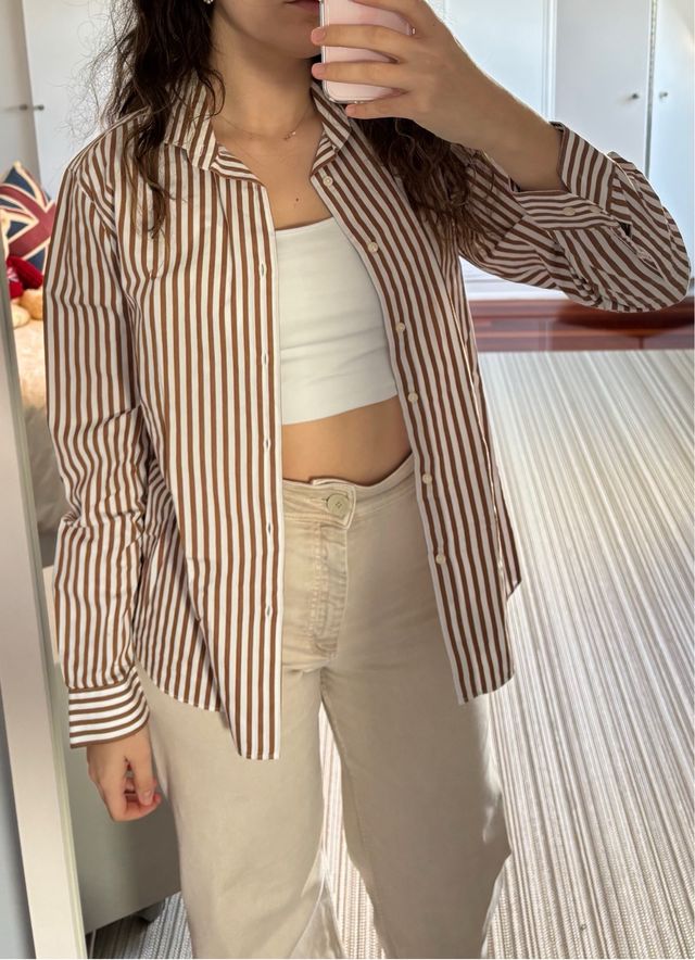 Camisa oversize marron a rayas blancas vintage