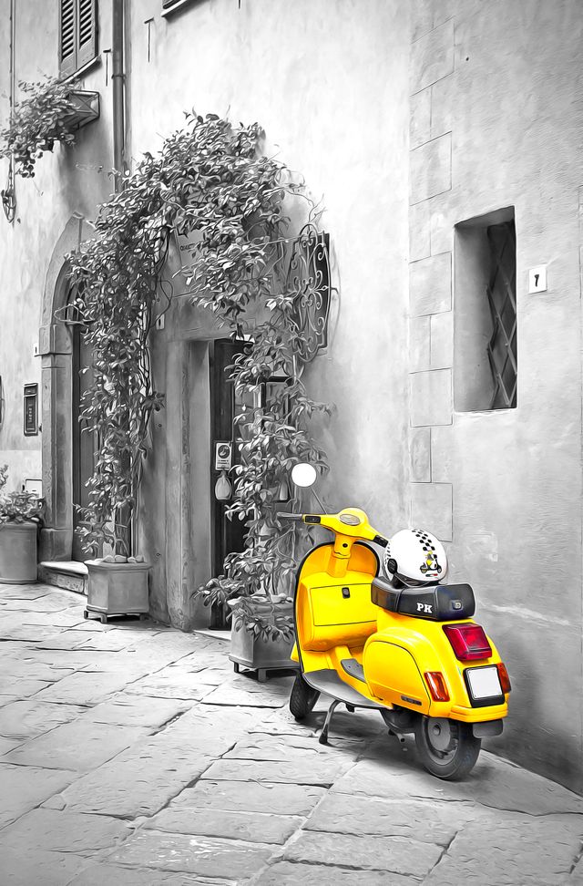 Poster fotografico stile vintage con vespa gialla