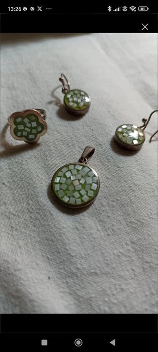 Conjunto plata verde y nacar