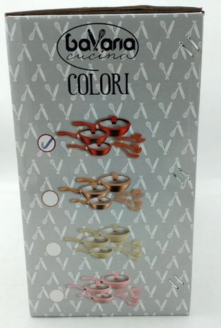 Padelle tris rosse con coperchi mestoli