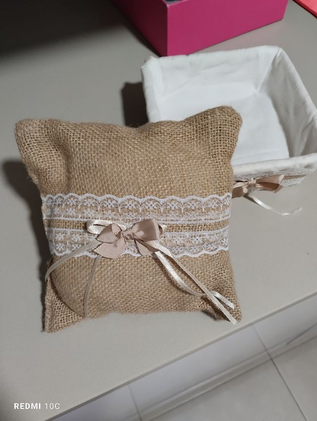 Cojín anillos y bandeja arras boda.