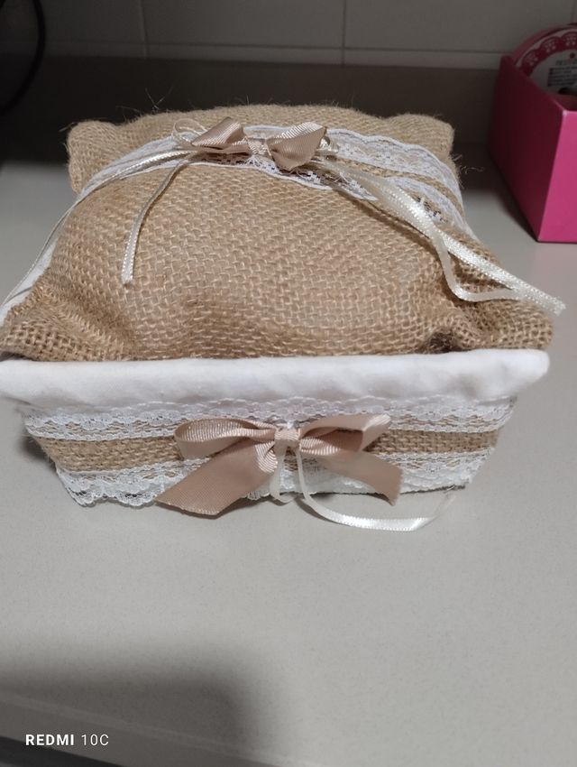 Cojín anillos y bandeja arras boda.