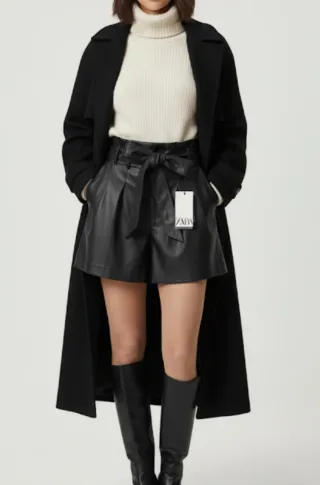 Bermuda negra efecto piel con cinturón de Zara