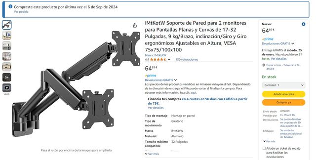 BRAZO MONITOR / PANTALLA pared DOBLE