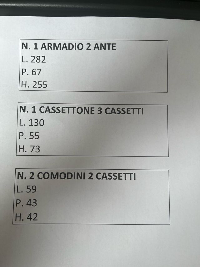 Armadio cassettone e comodini