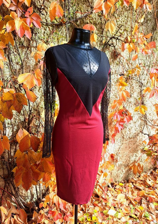 🍷 Vestido burdeos con manga en tul -Nuevo- M/38🌷