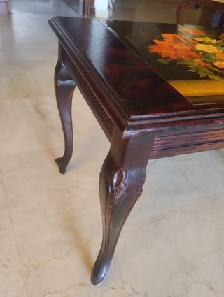 Mesa de salón, pino pintado, decoupage 