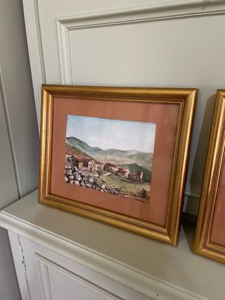 cuadro acuarela con marco dorado