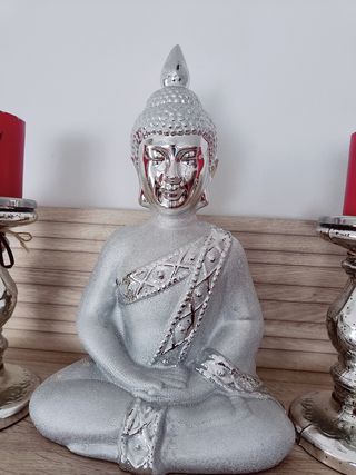 Buda figura decoración plateado, zen, armonía