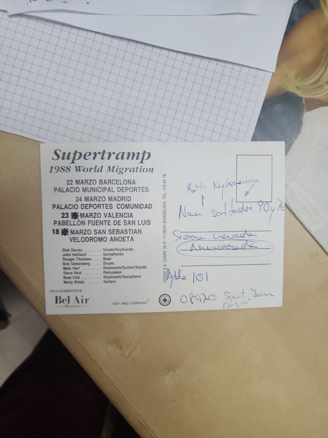 SUPERTRAMP TARJETA PROMOCIONAL GIRA 88