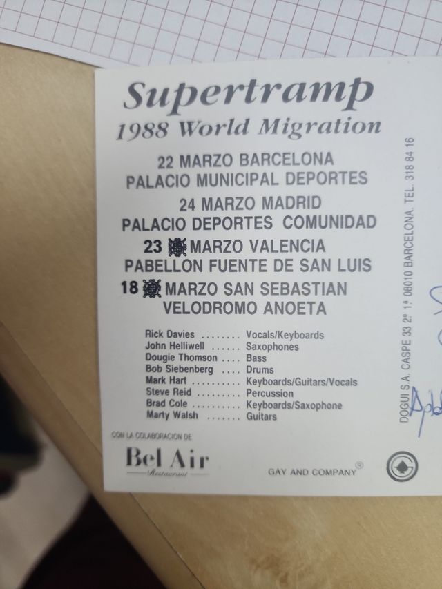 SUPERTRAMP TARJETA PROMOCIONAL GIRA 88