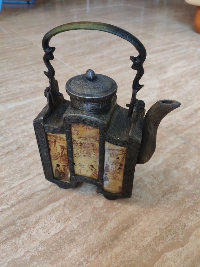 Tetera china SHANTOU antigua con vidrio decorado