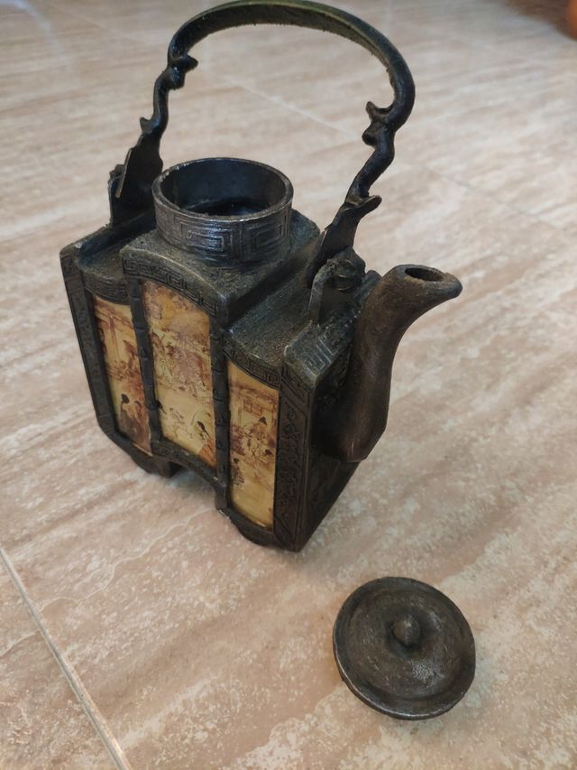 Tetera china SHANTOU antigua con vidrio decorado