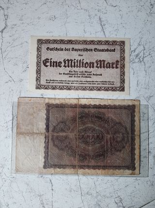 Conjunto 2 billetes alemanes 1923 y 3 Rumania