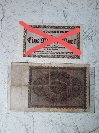 Lote billetes 1 aleman 1923, 3 Rumania, 1 Korea