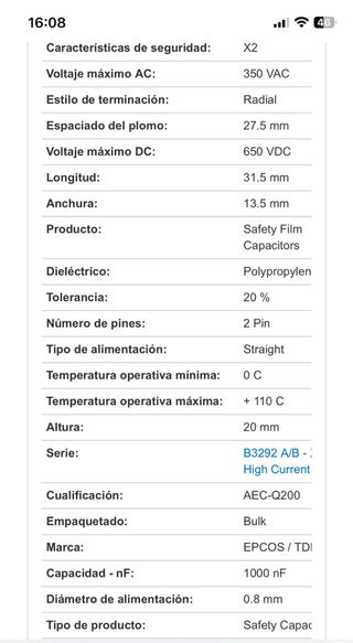 Condensador seguridad B32924A4105M