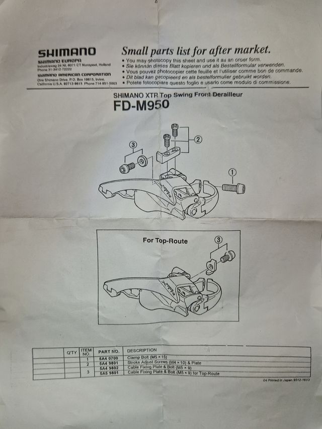 Desviador Shimano XTR FD-950