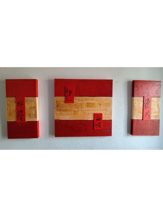 Cuadro tríptico oriental rojo/ocre