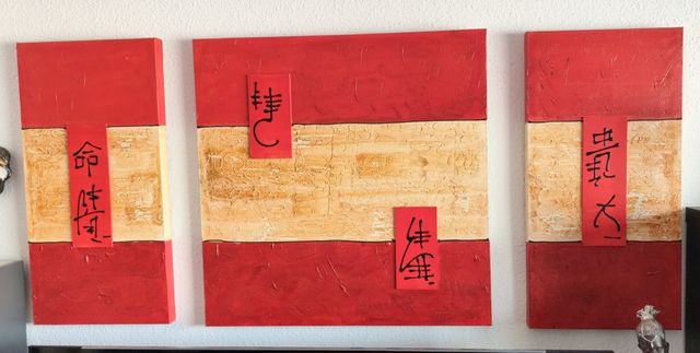 Cuadro tríptico oriental rojo/ocre