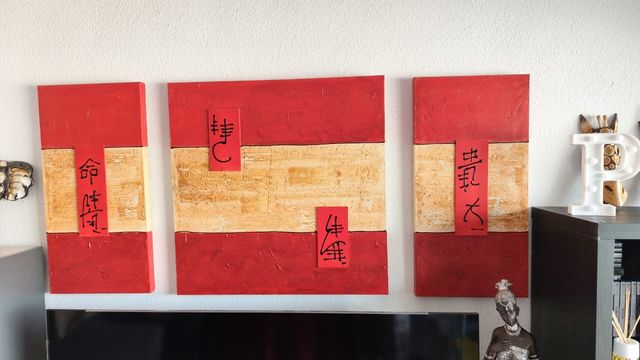 Cuadro tríptico oriental rojo/ocre