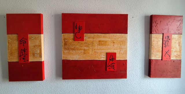Cuadro tríptico oriental rojo/ocre