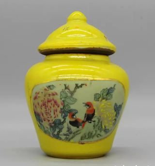 Antiguo bote porcelana China.SELLO.  Dibujo pájaro