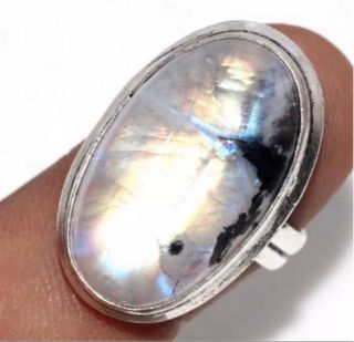 Precioso anillo Piedra Luna Arcoiris baño plata