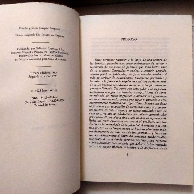 SONETOS A ORFEO. RAINER MARÍA RILKE. POESÍA LUMEN.