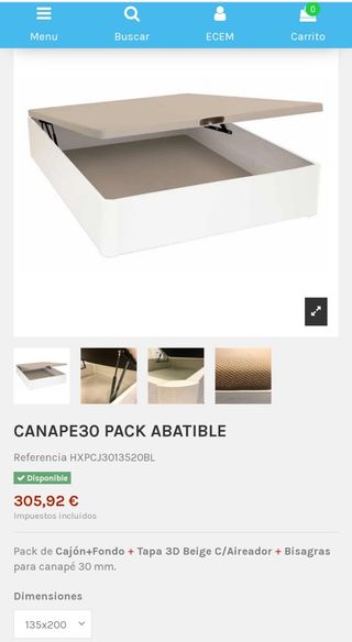 Pack 135x200 colchón y canapé 
