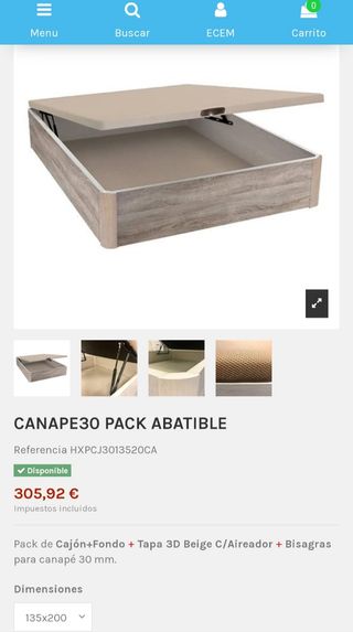 Pack 135x200 colchón y canapé 