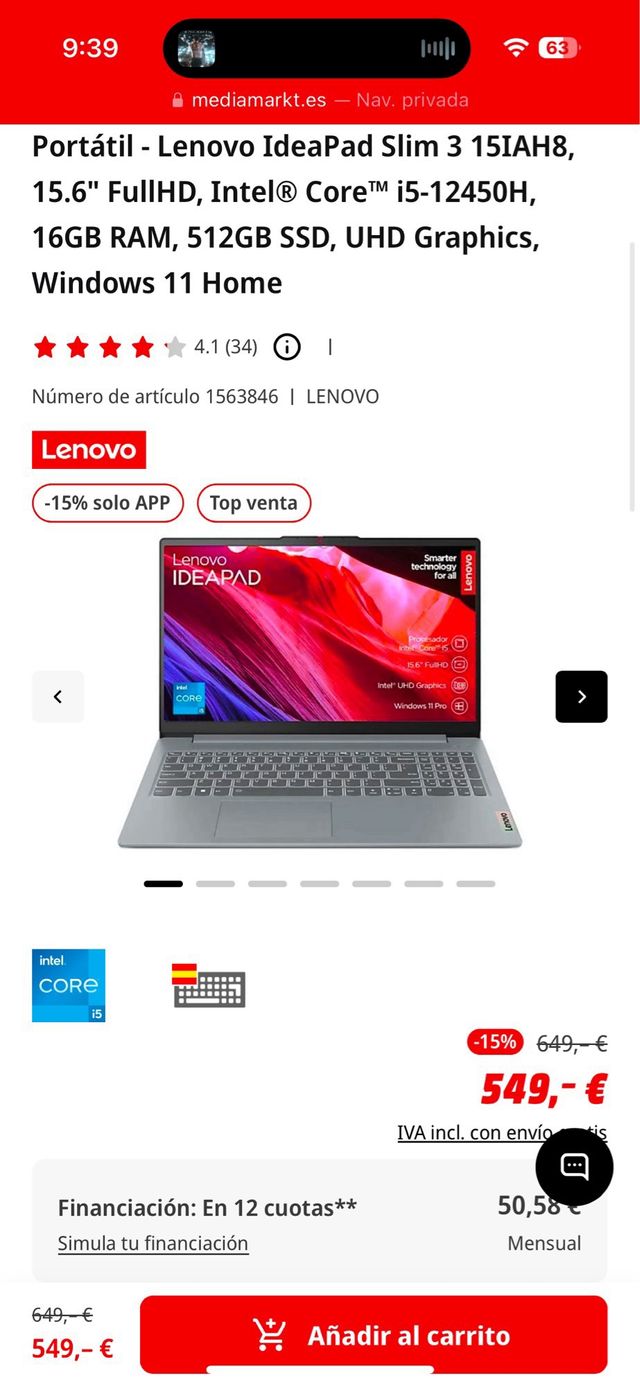 Ordenador Portatil Lenovo ideapad i5 512gb