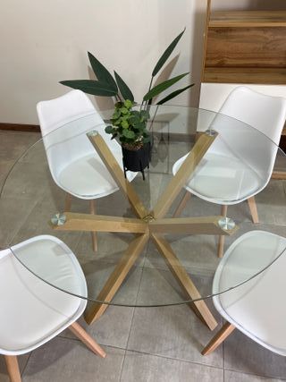 Mesa de cristal comedor patas madera color pino