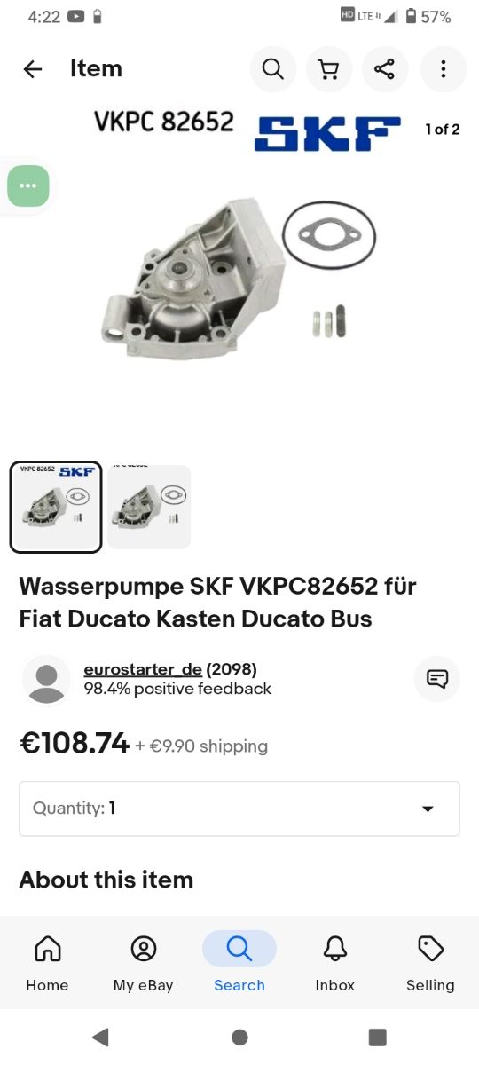 SKF Pompa dell'Acqua Fiat Peugeot Citroen