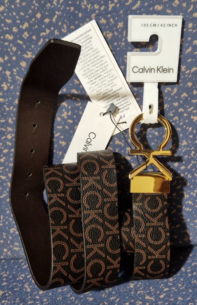 Cinturón Calvin Klein Monograma Marrón Dorado Oro.