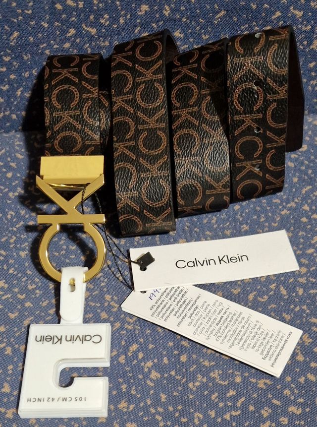 Cinturón Calvin Klein Monograma Marrón Dorado Oro.