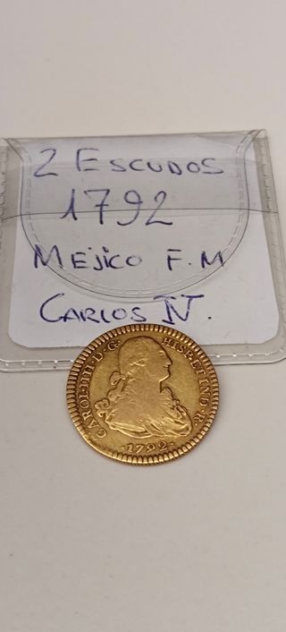 Moneda oro 2 escudos Carlos IV 1792 Mejico.