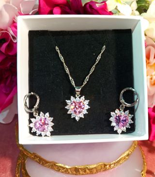 Conjunto de plata corazón rosa