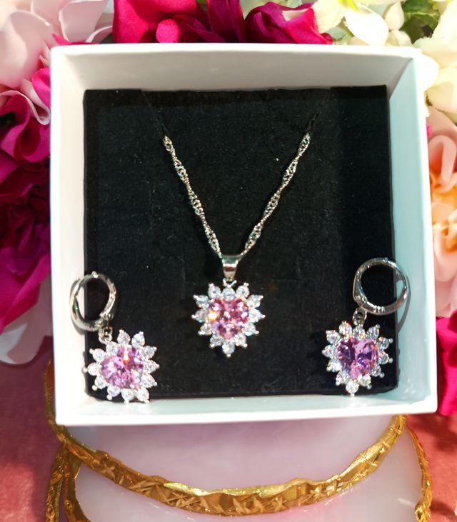 Conjunto de plata corazón rosa
