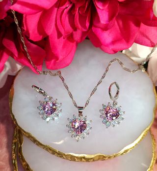 Conjunto de plata corazón rosa