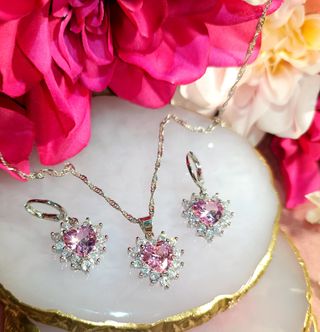 Conjunto de plata corazón rosa