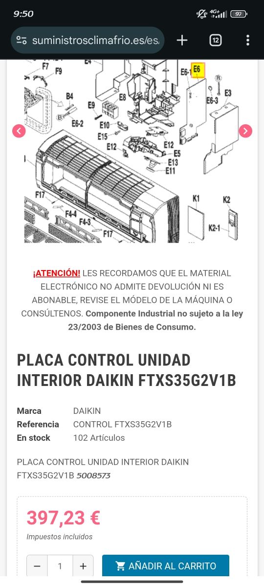Placa daikin interior FTXS35G2V1B
